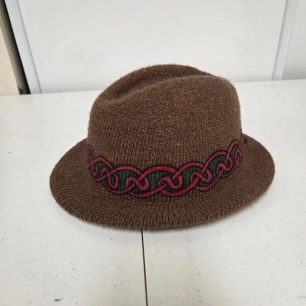 Tobi Brown Knit Fedora Hat Celtic Knot Embroidered Made in Canada One Size